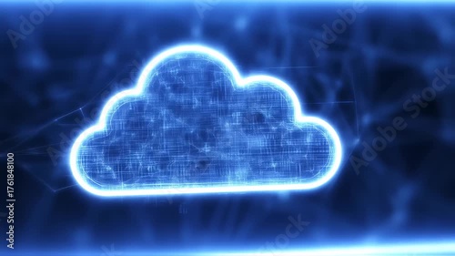 A glowing blue cloud symbol rendered with complex circuitry patterns, evoking data and connection