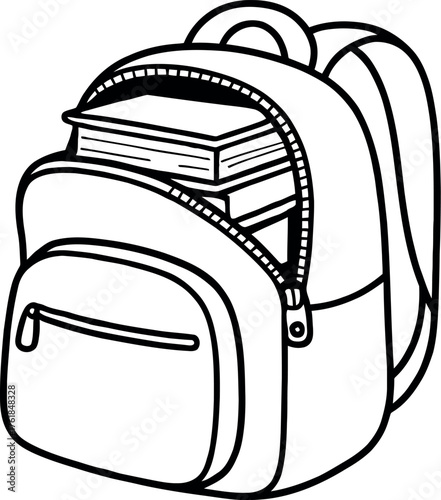 Open backpack revealing stack of colorful books inside