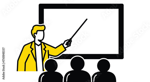 Illustration of a teacher giving a lecture to students in front of a whiteboard