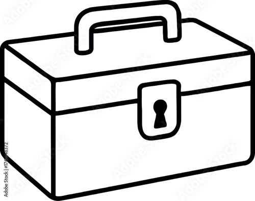 Clean black and white outline of a closed pencil box with lock and handle
