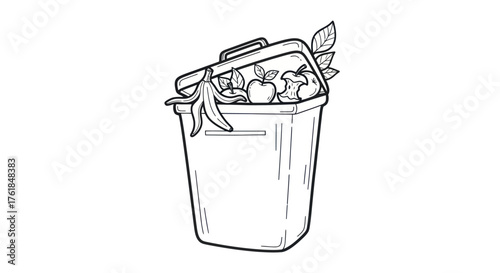 Black and white illustration of a compost bin overflowing with organic waste.