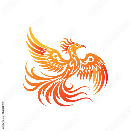 Abstract gradient phoenix logo with fiery wings symbolizing rebirth, power, and freedom on a white background.