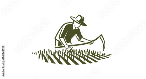 Vintage Farmer Harvesting Grain with Scythe Illustration.