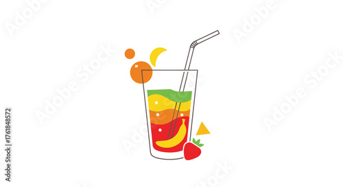 Refreshing Layered Fruit Juice Cocktail with Straw and Garnish.