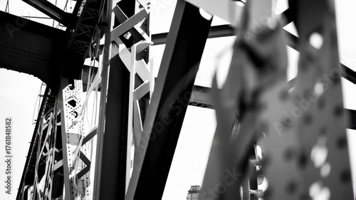 Abstract black & white composition steel structure of a bridge, with geometric shapes