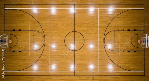 Overhead view of a basketball court with hoops and lighting, ready for play.