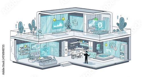 Modern Isometric Smart Home Illustration with Person Interacting with Digital Interface.