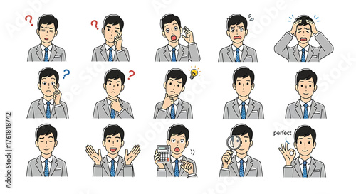 Illustration of a man with various facial expressions a collection of emotions and feelings in a cartoon style