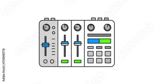 Compact DJ Mixer Console with Sliders Knobs and Level Indicators.