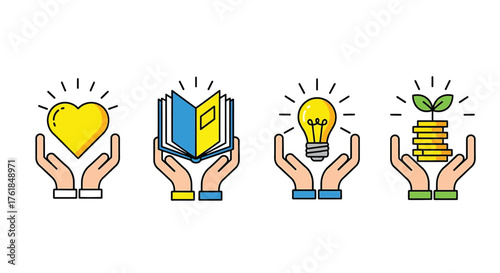 Hands holding heart, book, light bulb, and money, representing love, knowledge, idea, and investment