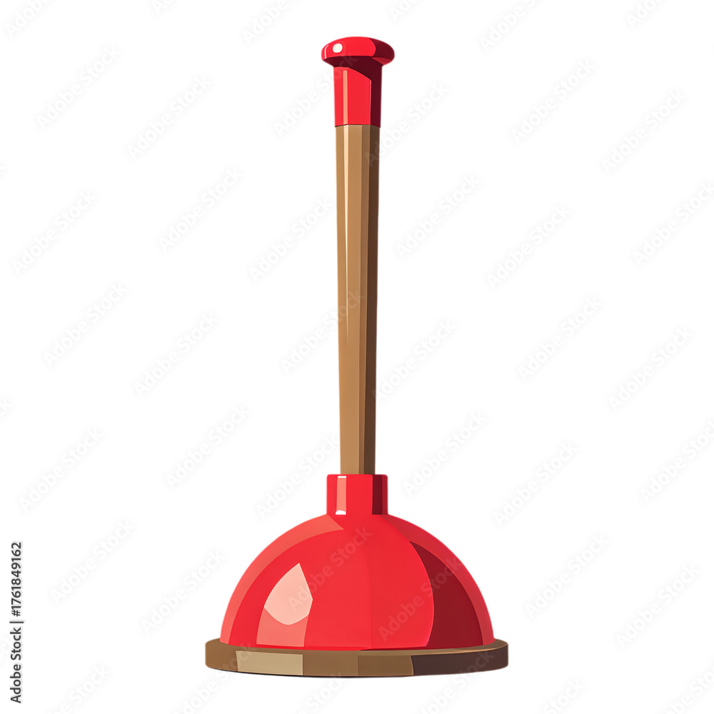 Fototapeta premium Red Plunger with Wooden Handle, Glossy Finish on Transparent Background, 3D Realism Graphic