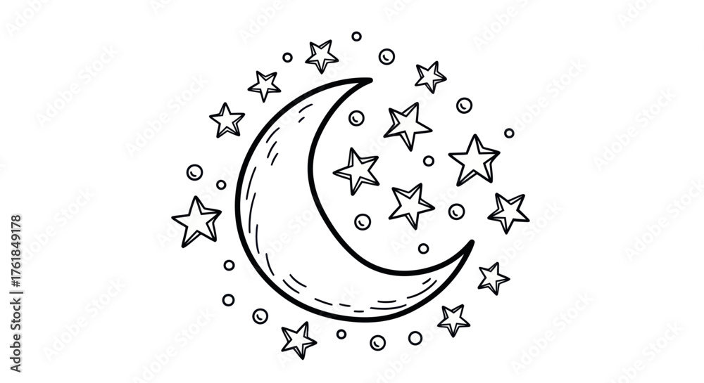 Obraz premium Hand-drawn crescent moon surrounded by stars and dots.