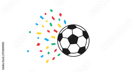 Classic Soccer Ball with Colorful Confetti Celebration.