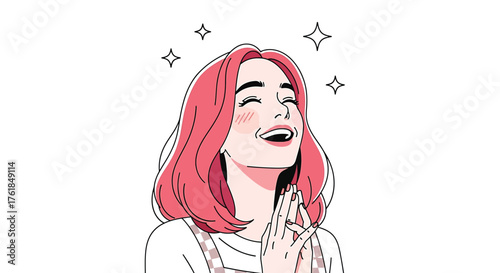 Happy woman with pink hair looking up with stars, expressing joy, gratitude, and positive emotion