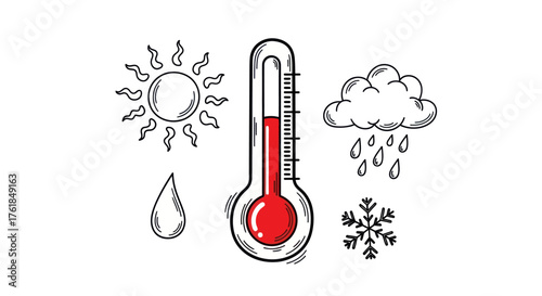 Hand-drawn weather icons: thermometer sun rain cloud snowflake and water drop illustration.