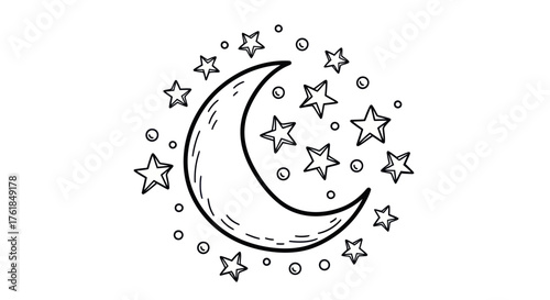 Hand-drawn crescent moon surrounded by stars and dots.