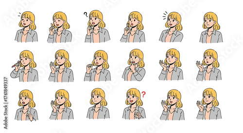 A collection of 20 handdrawn style illustrations of a woman talking on the phone with various expressions