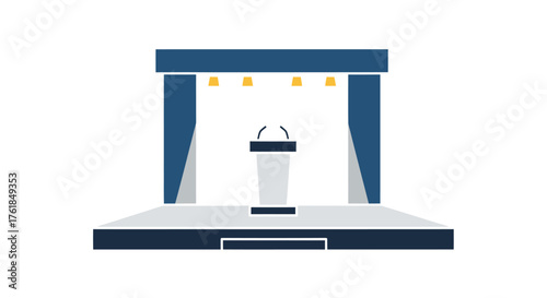 Modern Stage with Podium Blue Curtains and Spotlights.