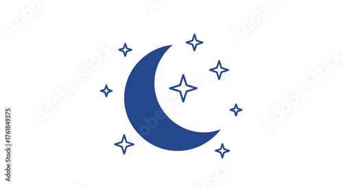A Dark Blue Crescent Moon Surrounded by Sparkling Stars.