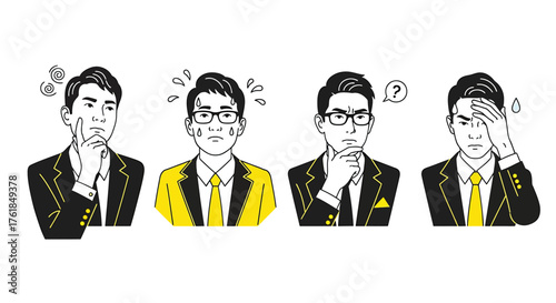 Illustration of four businessmen with different expressions, , showcasing a range of emotions and reactions to situations
