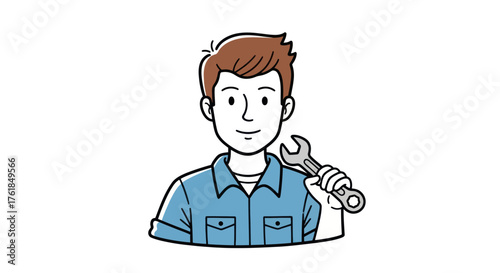 Cartoon man holding a wrench wearing a blue shirt.