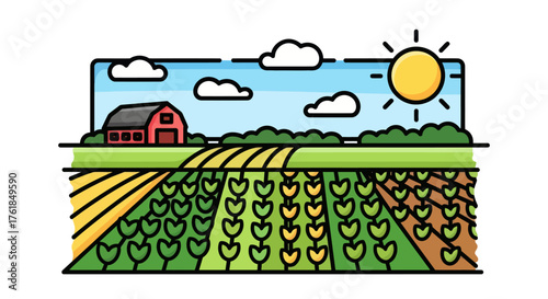 Stylized Farm Landscape Illustration with Barn and Green Fields.
