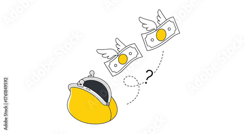 Money flying out of an empty wallet, concept of financial problems, bankruptcy, or overspending in business