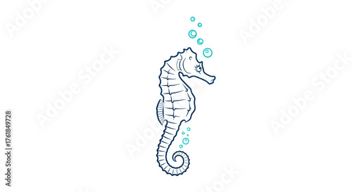 Detailed Stylized Seahorse Drawing with Small Blue Bubbles.