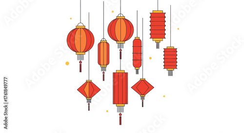 Collection of Red Chinese Lanterns Hanging for Celebration.