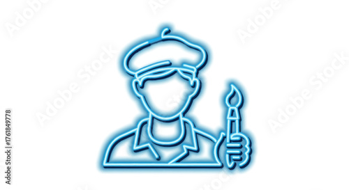 Neon Blue Artist Icon with Beret and Paintbrush.