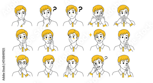 A collection of a mans facial expressions captures a range of emotions, from contemplation to surprise, in a simple yet expressive style