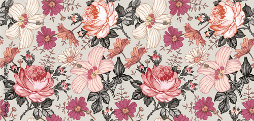 Seamless pattern. Beautiful pink blooming realistic isolated flowers. Vintage background. Set Chamomile Roses hibiscus mallow wildflowers. Wallpaper. Drawing engraving. Vector victorian Illustration