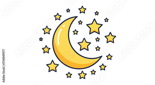 Crescent Moon and Stars Cartoon Illustration.