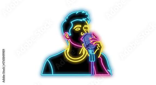 Neon Singer with Microphone: Vibrant Portrait of a Vocalist in Electric Colors.