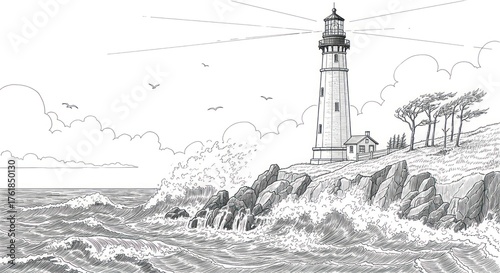 A detailed pen and ink drawing of a coastal lighthouse, waves crashing on rocks.