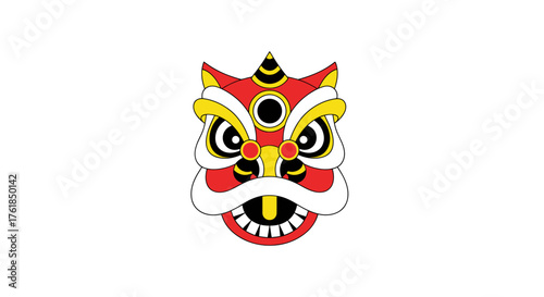 Colorful Chinese Lion Dance Mask Illustration with Red Yellow and Black Details.