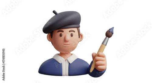 3D Cartoon Artist Character Wearing Beret Holding Paintbrush.
