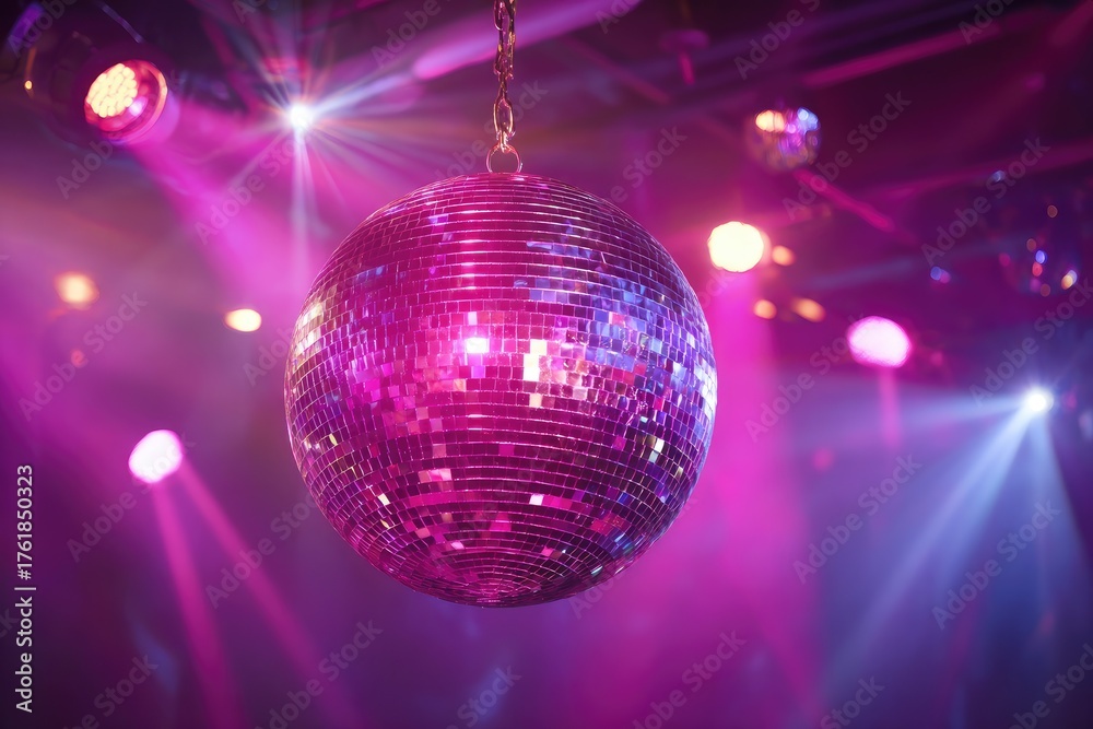 Obraz premium Reflecting vibrant pink and purple lights, a shining disco ball in a festive club setting