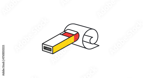 Isometric USB Flash Drive with Rolled Document Icon Representing Digital Information Transfer.