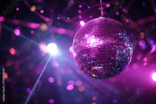 Sparkling disco ball illuminating a festive party scene with purple light effects