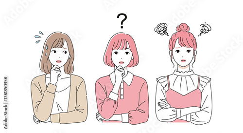 Three young women expressing different emotions confusion, question, and frustration in a simple line drawing style
