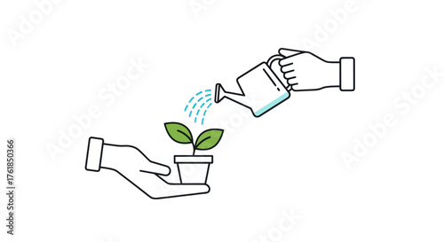 Hands nurturing a small potted plant with a watering can.