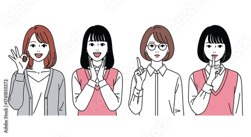 Set of female student expressions, showcasing various emotions and gestures in a cartoon style illustration