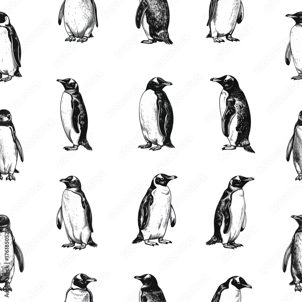 Naklejka premium Seamless penguin pattern in vintage hand-drawn style. Features Adelie penguins in varied poses. Ideal for textile prints, wallpaper, packaging, editorial, and nature-themed design projects.