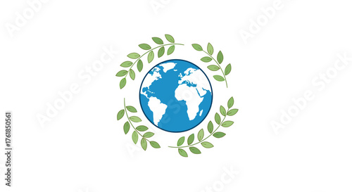Globe surrounded by green leaves symbolizing environmental protection and nature.