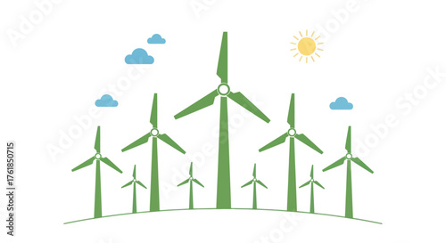 A cluster of green wind turbines generating renewable energy under a sunny sky with clouds.