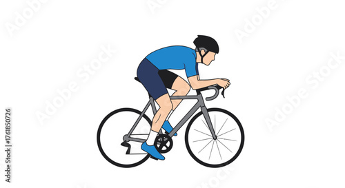Cyclist in Blue Shirt Riding a Gray Bicycle with Black Helmet.