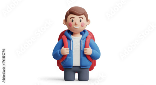 Cheerful Cartoon Boy with Red Backpack Ready for Adventure.