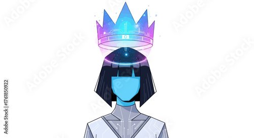 Stylized Blue Faceless Character with Glowing Neon Crown.