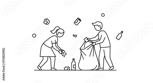 Two people cleaning up litter collecting trash in a bag.